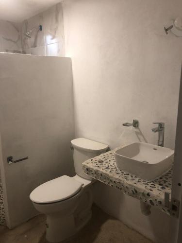 a bathroom with a toilet and a sink at Casa Bizu in Bacalar