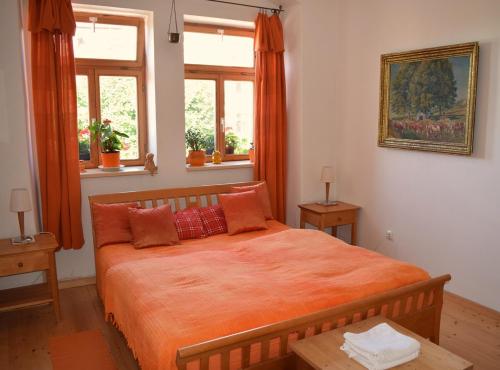 a bedroom with a bed with orange sheets and windows at Rychta in Rataje nad Sázavou