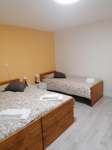 two beds in a room with twoperate beds at Domačija Mirko in Miren