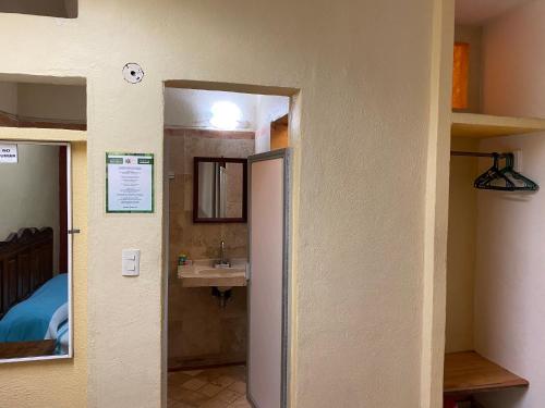 een badkamer met een wastafel en een spiegel bij Hotel Hortencia in Puerto Vallarta