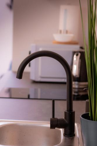 a kitchen sink with a black kitchen faucet at Apartamenty Długa 6 in Bydgoszcz