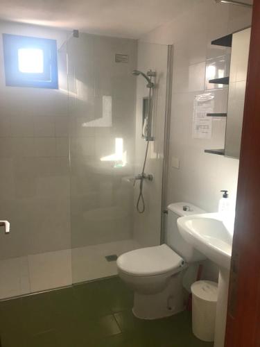 ein Bad mit einer Dusche, einem WC und einem Waschbecken in der Unterkunft Vivienda Vacacional Delia Castillo in Caleta de Fuste
