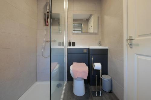 uma casa de banho com um WC e uma cabina de duche em vidro. em Crewe Short Lets 8 Victoria Court, Crewe em Crewe