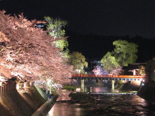 a bridge over a river at night with lights at Spa Hotel Alpina Hida Takayama in Takayama