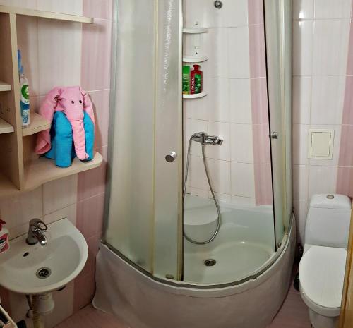 La salle de bains est pourvue d'une douche, de toilettes et d'un lavabo. dans l'établissement Апартаменты Нежная орхидея возле реки, à Mykolaïv