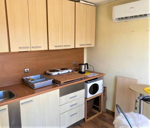 a kitchen with a stove and a microwave on a counter at Tiny House mit Klima und Heizung, in idyllischer Ortsrandlage in Iba