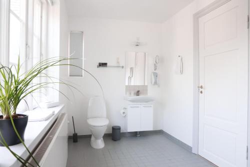 a white bathroom with a toilet and a sink at Bernstorff Castle Hotel in Gentofte
