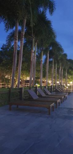 a row of park benches with palm trees at night at Pruksa Resort Prachuabkhirikhan in Prachuap Khiri Khan