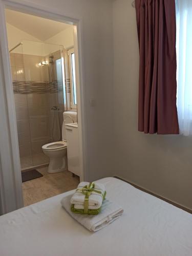 a bathroom with a toilet and a towel on a bed at Holiday House Vela Vrta in Sveti Ivan Dobrinjski