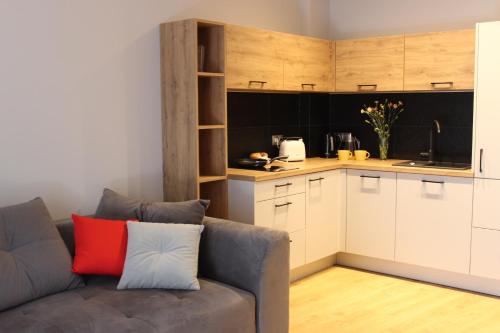 ein Wohnzimmer mit einem Sofa und einer Küche in der Unterkunft Apartament Orange Sun nr°6 in Pobierowo