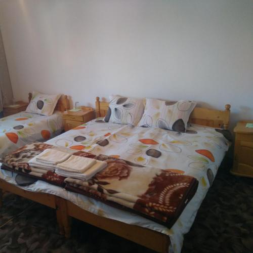 a bedroom with two beds and two night stands at Айрови in Sarnitsa
