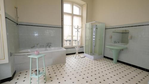 een badkamer met een bad, een toilet en een wastafel bij Private Castle with Park - Château Guillermo in La Moncelle