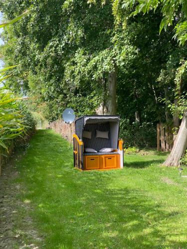 a tv sitting on the grass in a yard at Bauwagen - Gut Groß Fedderwarden in Butjadingen