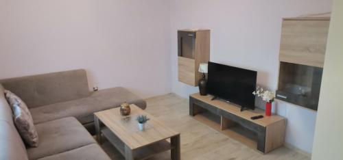 een woonkamer met een bank en een flatscreen-tv bij Апартамент Заря in Haskovo
