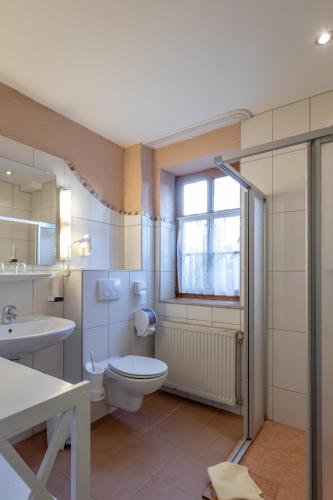 a bathroom with a toilet and a sink and a window at Hotel Goldflair am Rathaus in Korbach