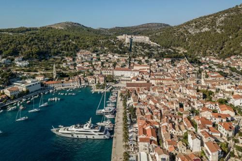 an aerial view of a harbor with boats in the water at Hvar de luxe apartments 1 in Hvar