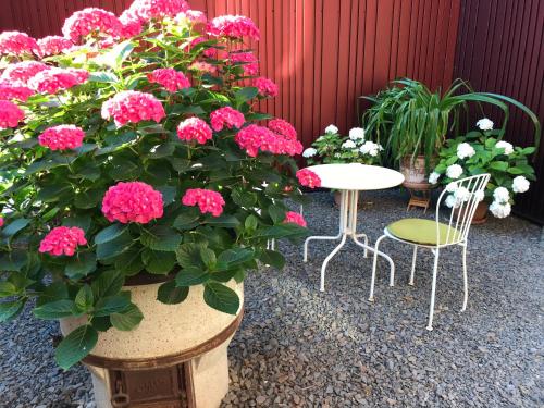 eine Terrasse mit rosa Blumen, Tischen und Stühlen in der Unterkunft Alte Schreinerei Boutique Hotel in Köln