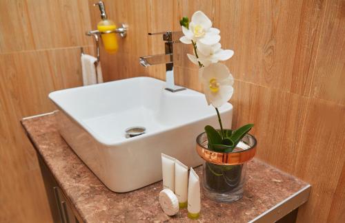 a bathroom with a sink and a vase with flowers on a counter at The Cabin Hotel in Accra