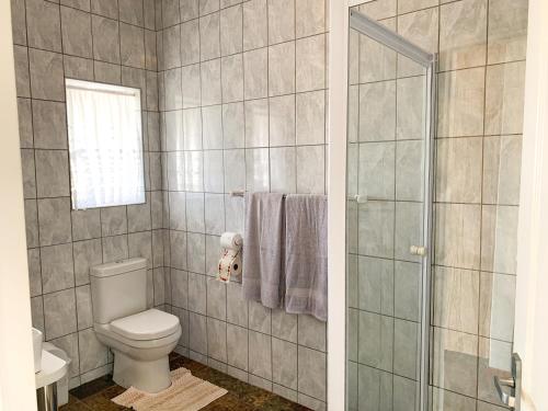 a bathroom with a toilet and a shower at Marina Martinique B&B in Jeffreys Bay