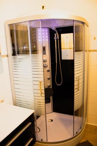 a shower with a glass door in a bathroom at Krugs Haus Ferienwohnungen Ebersburg in Ebersburg