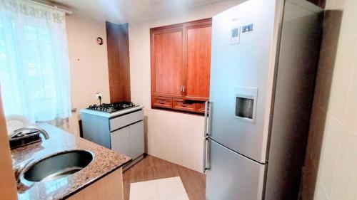 a small kitchen with a refrigerator and a sink at Nita Apartment in Kobuleti