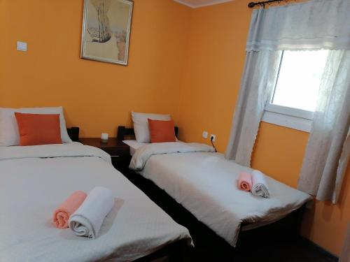 2 Einzelbetten in einem Zimmer mit Fenster in der Unterkunft Apartman IVANA in Vrdnik