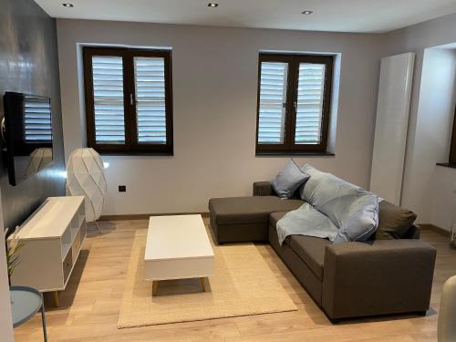 a living room with a couch and a table at ** Appartement neuf hyper centre ville à Haguenau in Haguenau