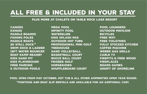 poster of all free and included in your stay at Luxury Lakefront Chalet Resort 2 Pools FREE Amenities Dock Kayaks Waterslide in Lampe