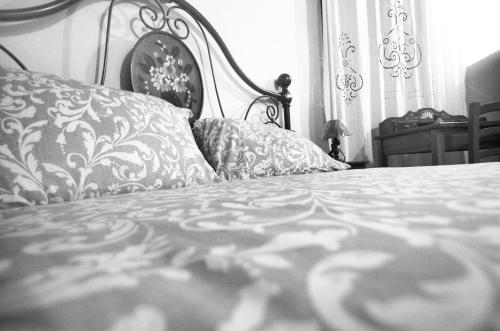 ein schwarz-weißes Foto eines Schlafzimmers mit einem Bett in der Unterkunft Dè Ajala - B&B de Charme in Làconi