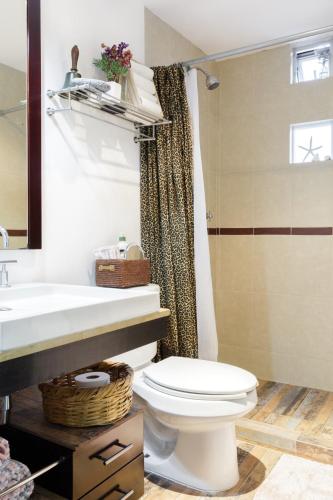 a bathroom with a toilet and a sink at Pequeña habitacion FRIDA - design CDMX - áreas comunes compartidas in Mexico City