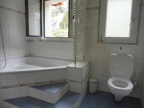 a bathroom with a tub and a toilet and a window at Apartment Theresli First Floor in Saas-Almagell