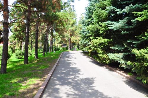 a road in a park with trees at Olympica Hotel in Almaty