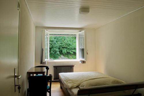 1 dormitorio con cama y ventana en Hotel Cafe Seeblick, en Filzbach