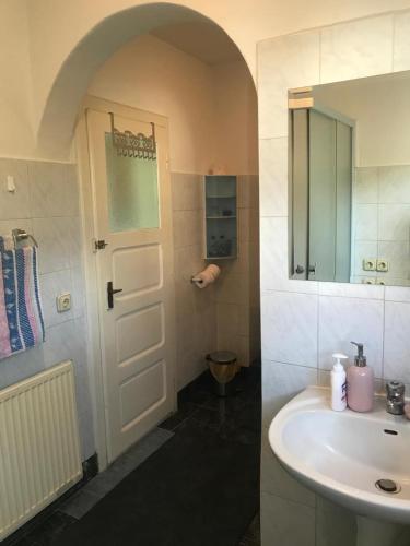 a bathroom with a sink and a mirror and a door at Casuta Sanatatii in Covasna