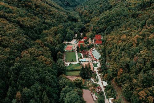 una vista aerea di una casa nel mezzo di una foresta di Ekoma rezort a Zvolen