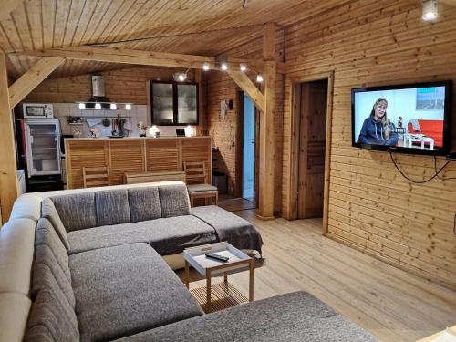 席洛席的住宿－Ferienhaus Waldhütte Ferch，客厅配有沙发和砖墙电视