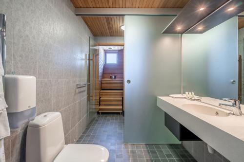 ラーヘにあるHotelli Raahen Hoviのバスルーム(トイレ、洗面台、鏡付)