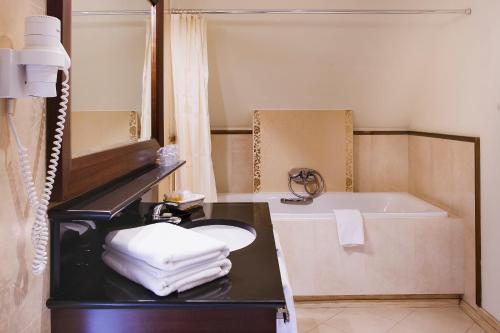 a bathroom with a sink, bathtub, mirror, and towel rack at Hotel Król Kazimierz in Kazimierz Dolny