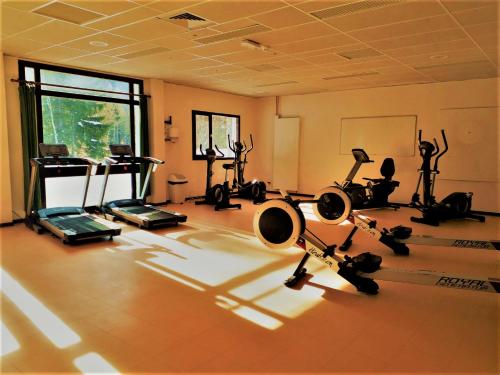 un gimnasio con cintas de correr y equipos de ejercicio en una habitación en Chalet ATC Routes du Monde Argentiere-Chamonix, en Chamonix-Mont-Blanc