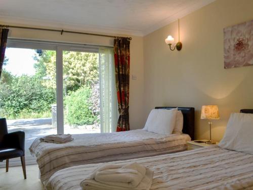 een slaapkamer met 2 bedden en een groot raam bij Tan y Gaer in Aberystwyth