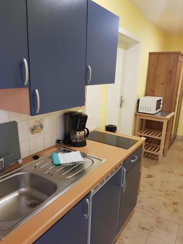 a kitchen with a sink and a counter top at Pension An der Erzgebirgsbahn in Kurort Oberwiesenthal