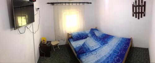 a bedroom with a blue bed and a window at Vila Medo in Nova Varoš