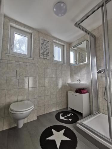 a bathroom with a toilet and a sink and a shower at Worker`s Lodge in Pöls