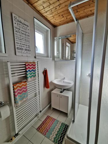 a small bathroom with a sink and a shower at Worker`s Lodge in Pöls