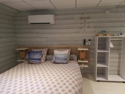 1 dormitorio con 1 cama grande en una habitación en péniche Ino Lefkothea II chambre d'hôtes en Dole
