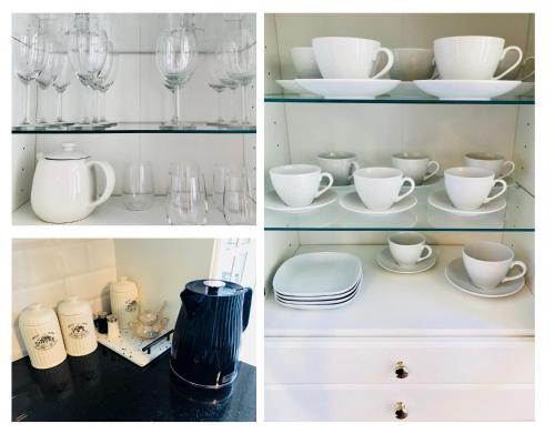 three pictures of a cabinet with plates and cups and glasses at GOLD APARTMENT Piotrkowska 37 in Łódź