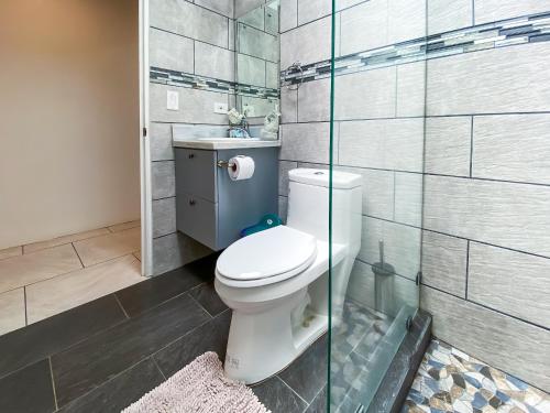 a bathroom with a toilet and a glass shower at Hotel Cabinas el Tecal in Uvita