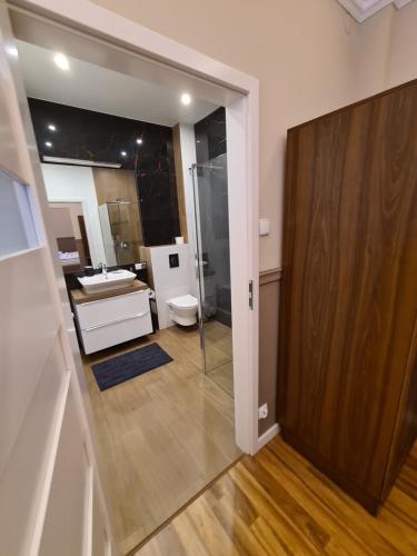 a bathroom with a toilet and a glass door at APART LuX BRISTOL in Bytom