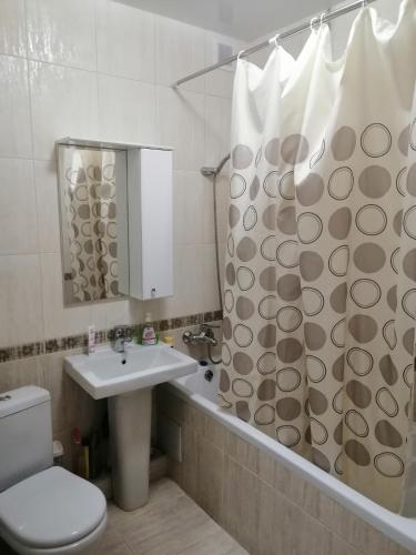a bathroom with a sink and a shower curtain at Московская улица, 97 Апартаменты 5этаж in Pyatigorsk