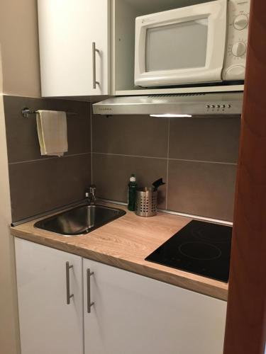 a kitchen with a sink and a microwave at Appartement Ausblick in Hahnenklee-Bockswiese